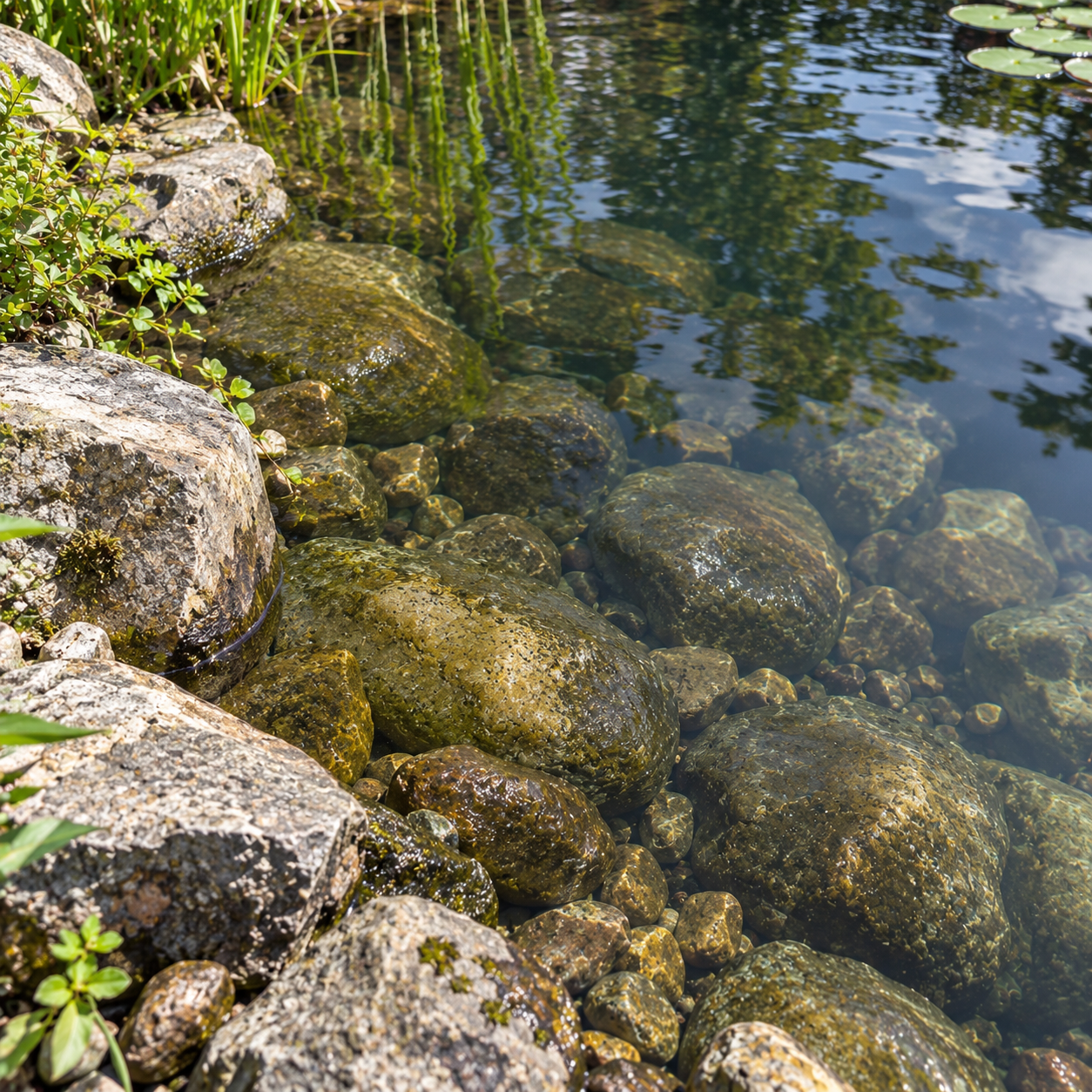 biofilm on slippery stones in the garden pond
